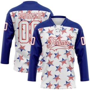 Custom White Royal-Red American Flag Hockey Lace Neck Jersey