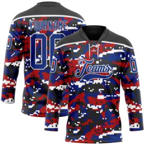 Custom Camo Royal Black-White American Flag Digital Camouflage Hockey Lace Neck Jersey