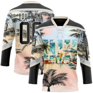 Custom Black Pink Cream-Silver 3D Pattern Gradient Hawaii Tropical Palm Trees Hockey Lace Neck Jersey