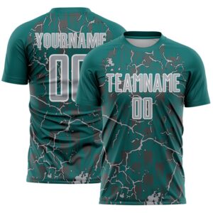 Custom Teal Gray-White Lightning Sublimation Soccer Uniform Jersey